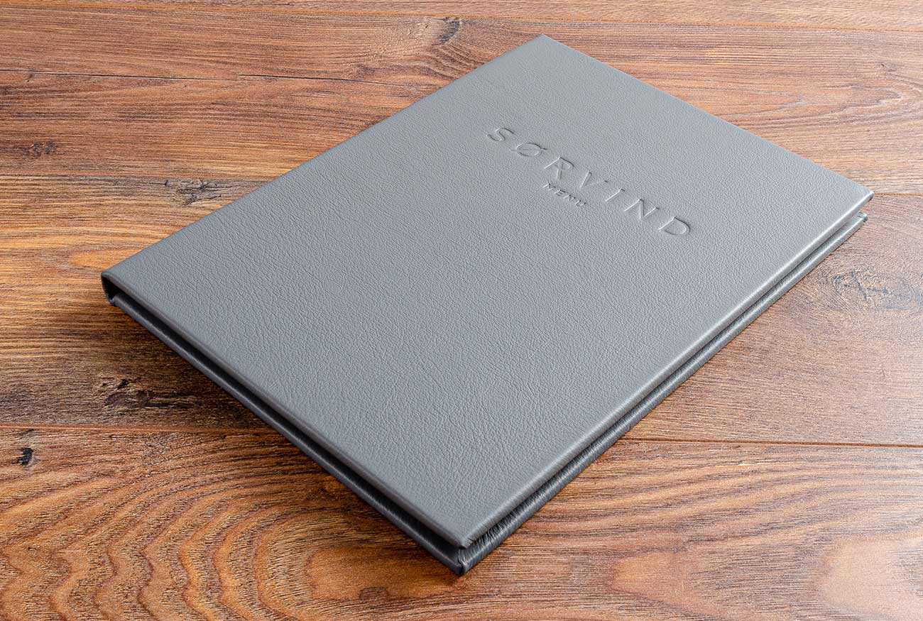 A4 luxury leather menu holder with blind embossed personalised cover