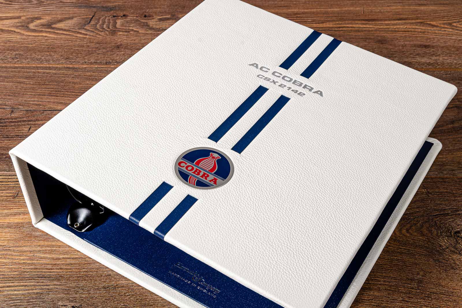Personalised luxury leather ring binder for documents for historic cobra racing car