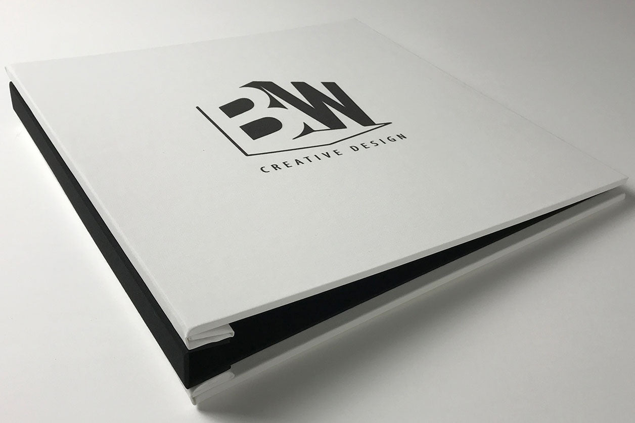 11x14 screw post portfolio book in cool white and black with personalised black foil cover