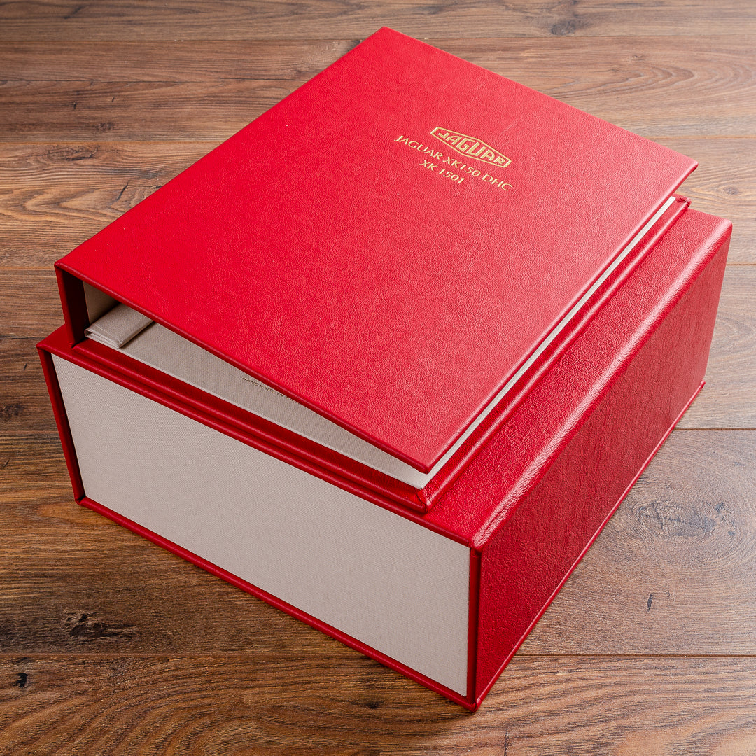 Bespoke vehicle document box and ring binder for gold embossing on cover