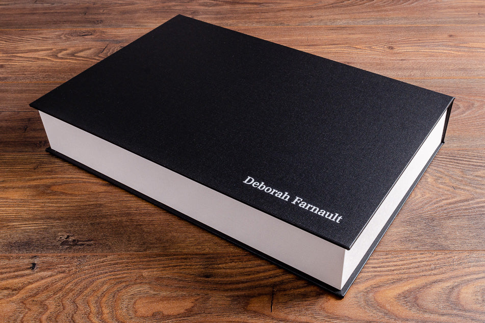 A3 photographers portfolio box in black and white buckram with white foil personalisation