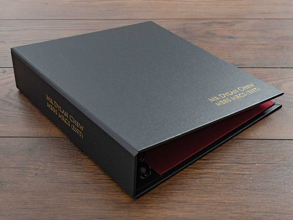 Personalised medical portfolio with gold foil embossing on cover and spine