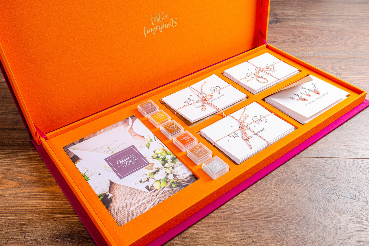 Presentation clamshell box, custom made inserts with gold foil personalisation on inner cover