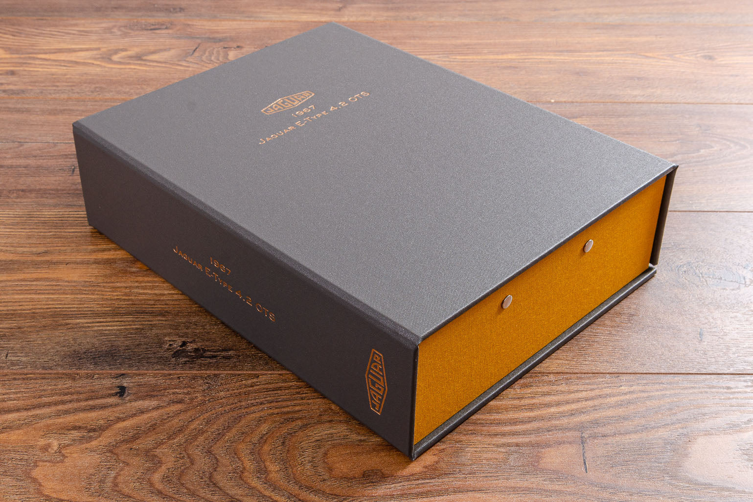 Customised vehicle document box with gold embossing on cover and spine