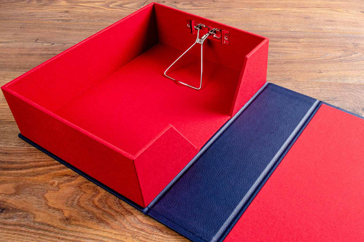 Customised box binder with navy leather wrap