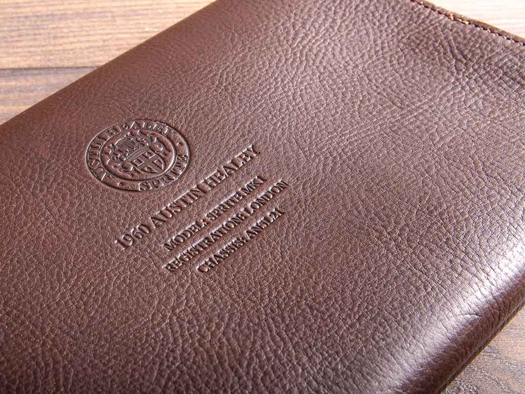 Blind embossed leather document wallet for Austin Healey