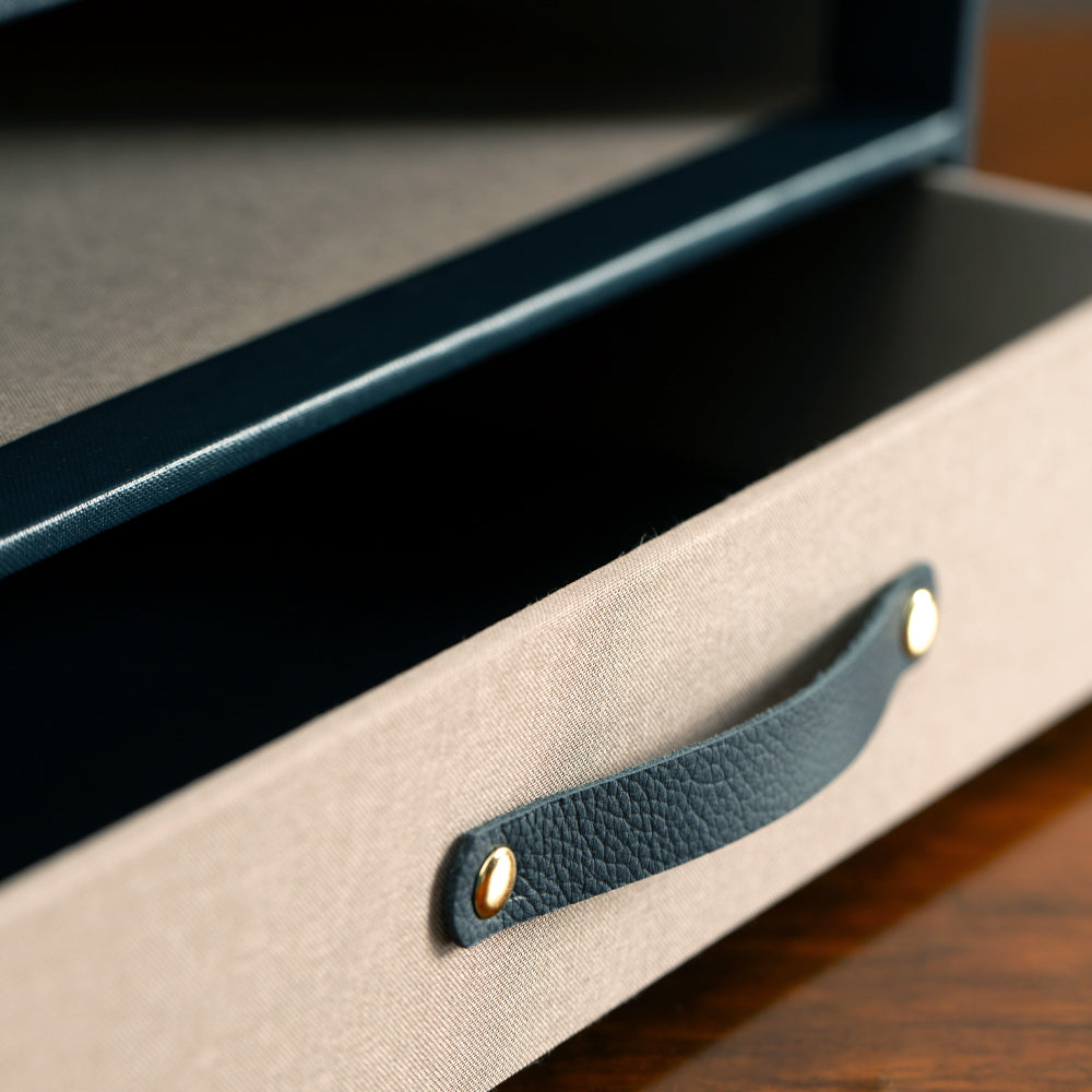 Multi Slipcase drawer with fabric lining and leather pull, bespoke luxury presentation box by Hartnack and Company.