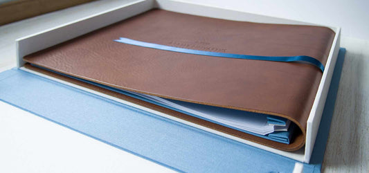 bespoke leather wedding album and clamshell storage box