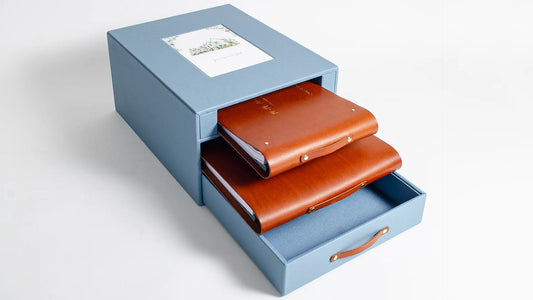 custom made leather bound and personalised luxury wedding keepsake box with storage for wedding album, wedding guest book and a drawer for the memories and keepsakes
