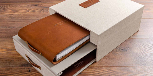 custom made box for a luxury guest house holding a guest information book and guest log book