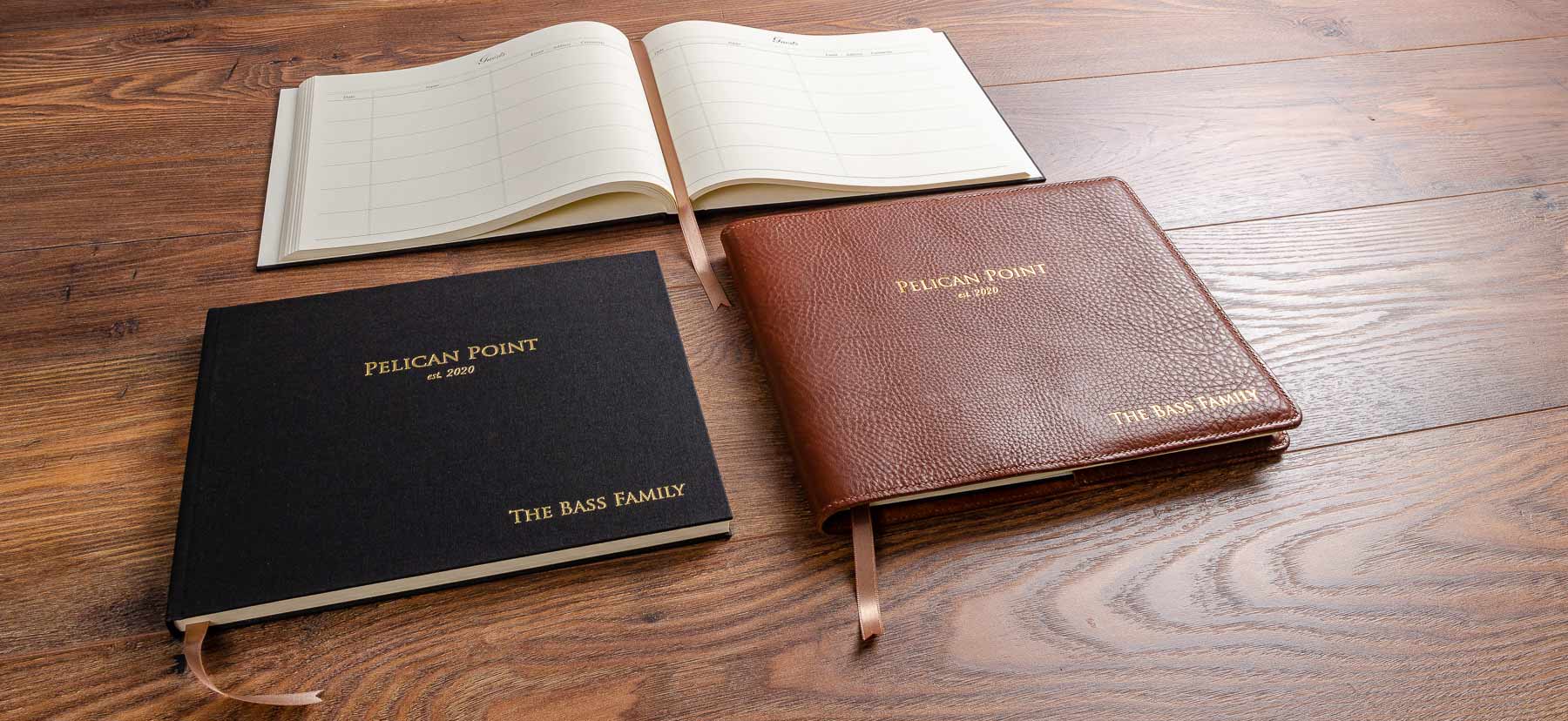 Custom made visitor guest book with personalised cover and leather cover