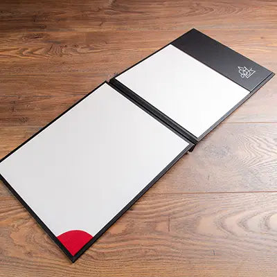 screw post portfolio binder with white inner cover and red pocket corner pocket and black vertical pocket
