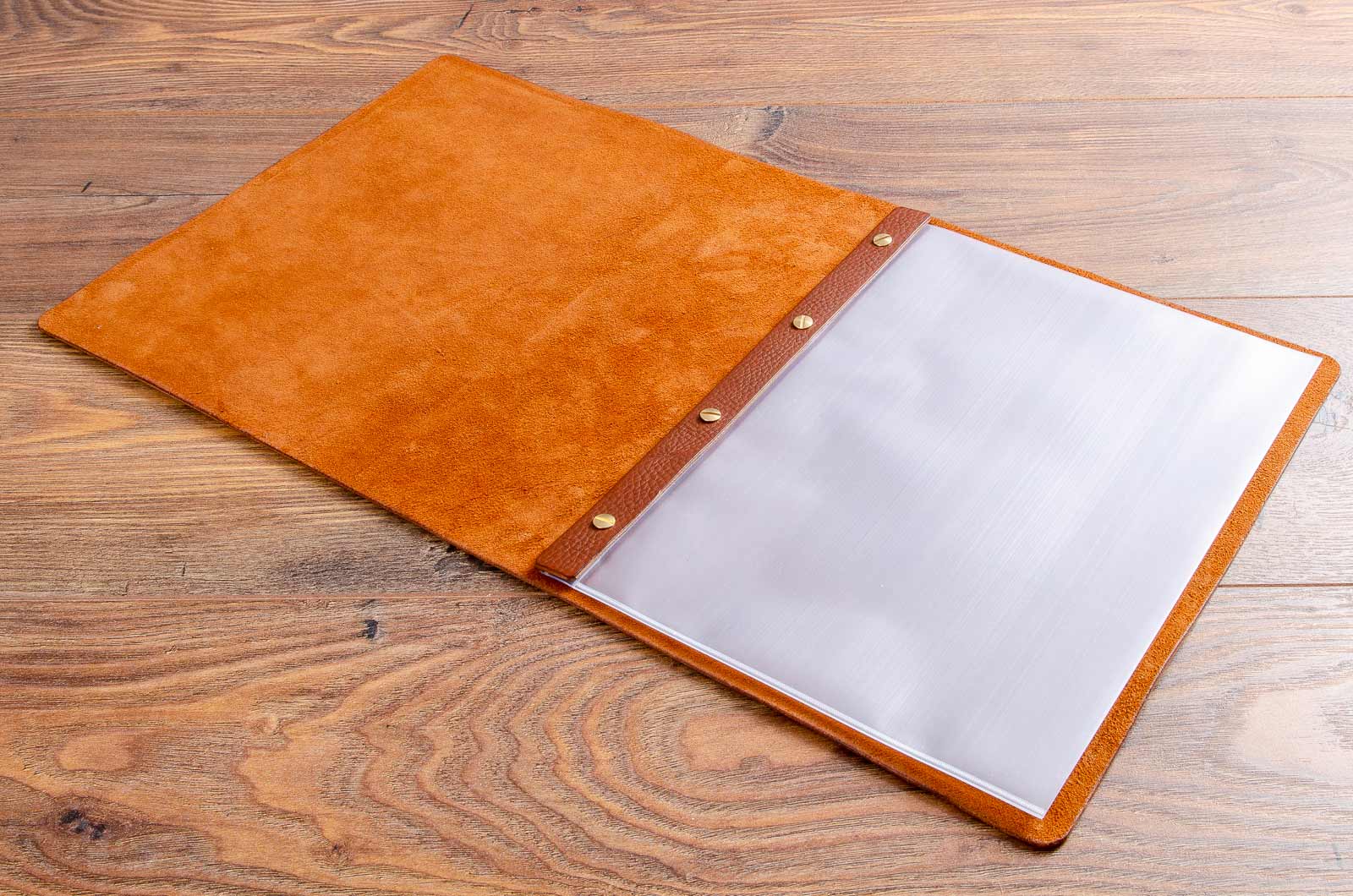 Quality natural leather menu cover with quality plastic page protectors