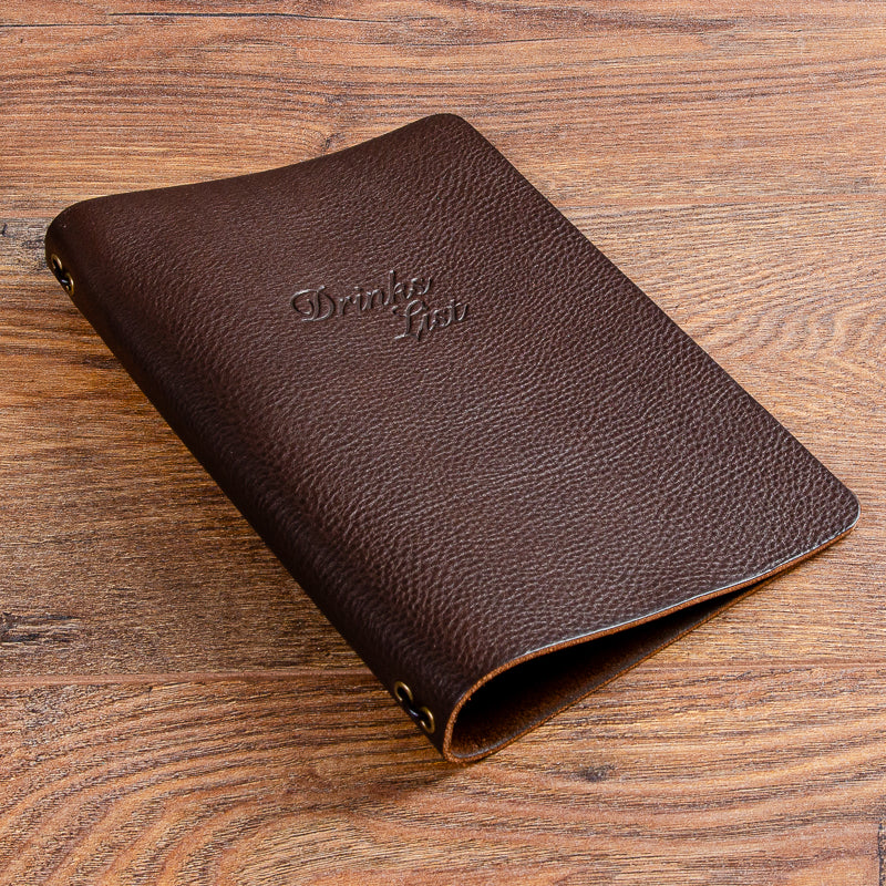 Personalised A5 leather drinks menu with elastic cord and embossed cover - Gallery image 2