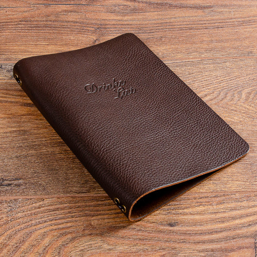 Personalised A5 leather drinks menu with elastic cord and embossed cover