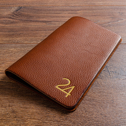 Bill holder in brown genuine leather with gold foiled  embossed logo personalised on the cover