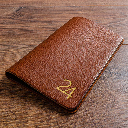 Bill holder in brown genuine leather with gold foiled  embossed logo personalised on the cover