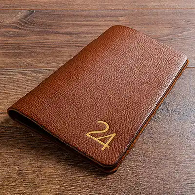 Bill holder in brown genuine leather with gold foiled  embossed logo personalised on the cover