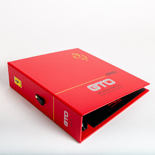 Bespoke personalised car history and document file in red for a Ferrari GTO with custom printing on the cover