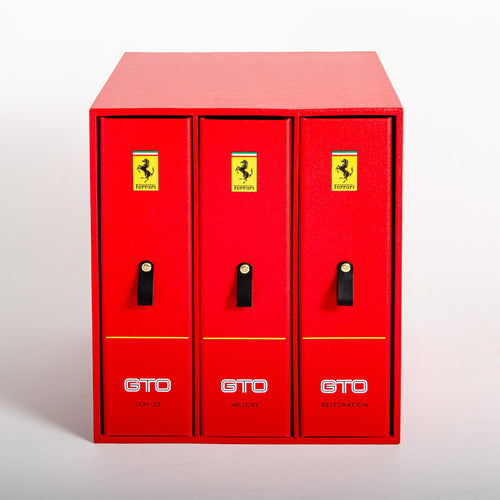 Custom made personalised car history box and files in red for a 1985 Ferrari GTO with custom printing on the cover