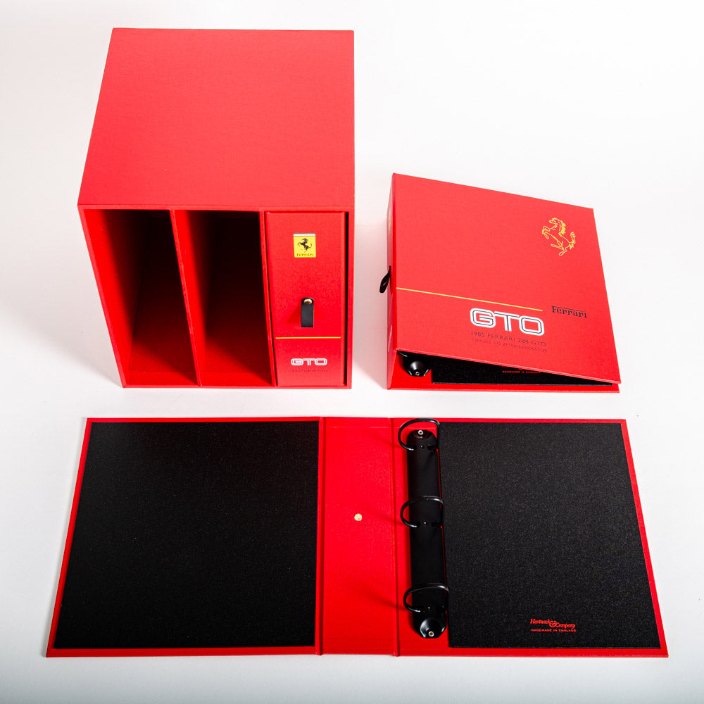 luxury bespoke personalised car history ring binders and slipcase box in red for a 1985 Ferrari GTO with custom printing - Gallery image 3