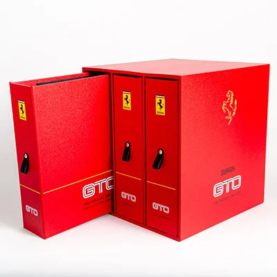 bespoke car history box and file in red for a 1985 Ferrari GTO with custom printing on the cover