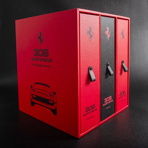Beautiful hand crated custom made box in red and black with ring binders and car illustrations for a Ferrari 308 