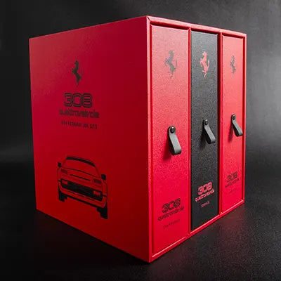 Beautiful hand crated custom made box in red and black with ring binders and car illustrations for a Ferrari 308  - Vehicles, Ring Binders, Multi Slipcase, All Ring Binders