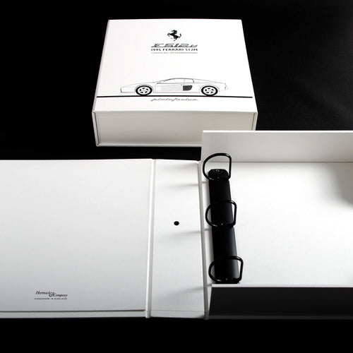 Custom made car document box binders for Ferrari F512m in white fabric 