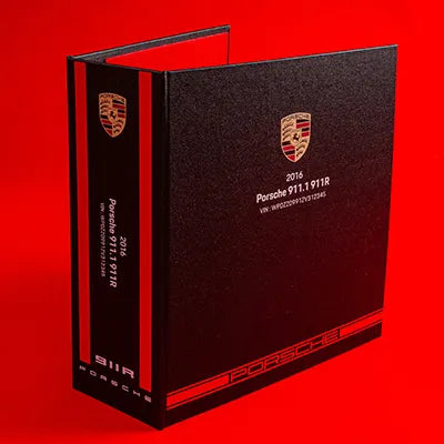 custom made and personalised car history file with bespoke design printing on the cover for a porsche 911R