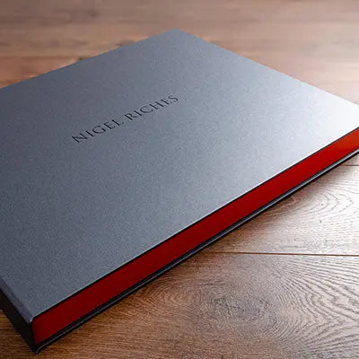 high quality metallic pewter clamshell photographers portfolio box with black foil personalised cover