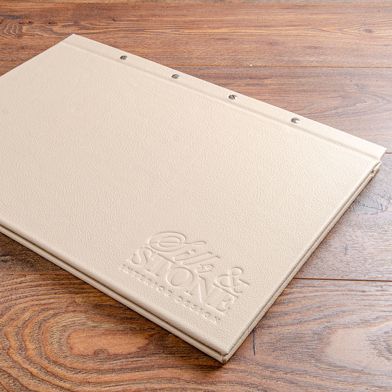A3 luxury leather screw post portfolio binder in cream leather with blind embossed logo by Hartnack and Co - Business, Exposed Screw Post Binders, All Screw Post Binders, Leather Binders