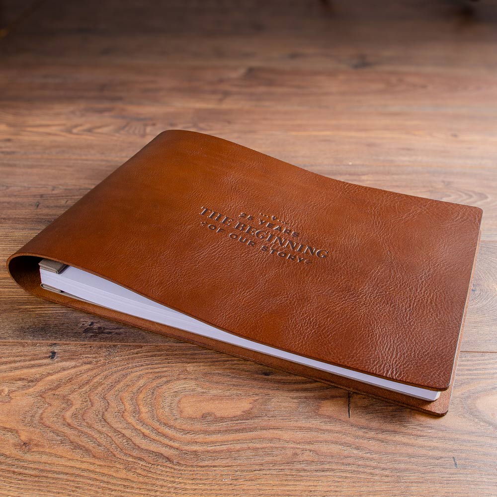 large brown rustic leather wedding anniversary album with screw posts and paper inserted. - Gallery image 2