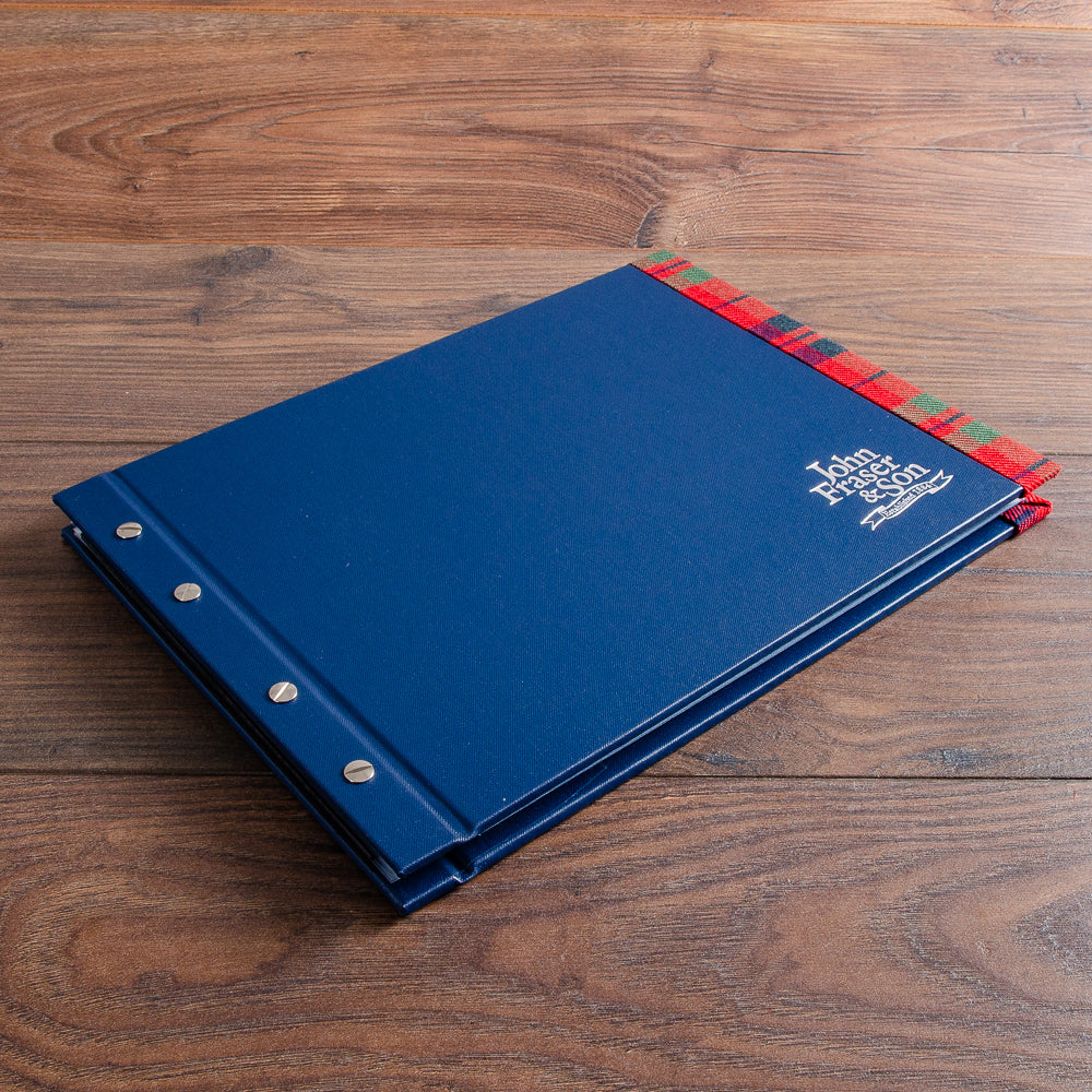 Luxury custom made A4 company presentation binder with bespoke fabric tartan stripe and silver foil personalised embossed cover  - Gallery image 1