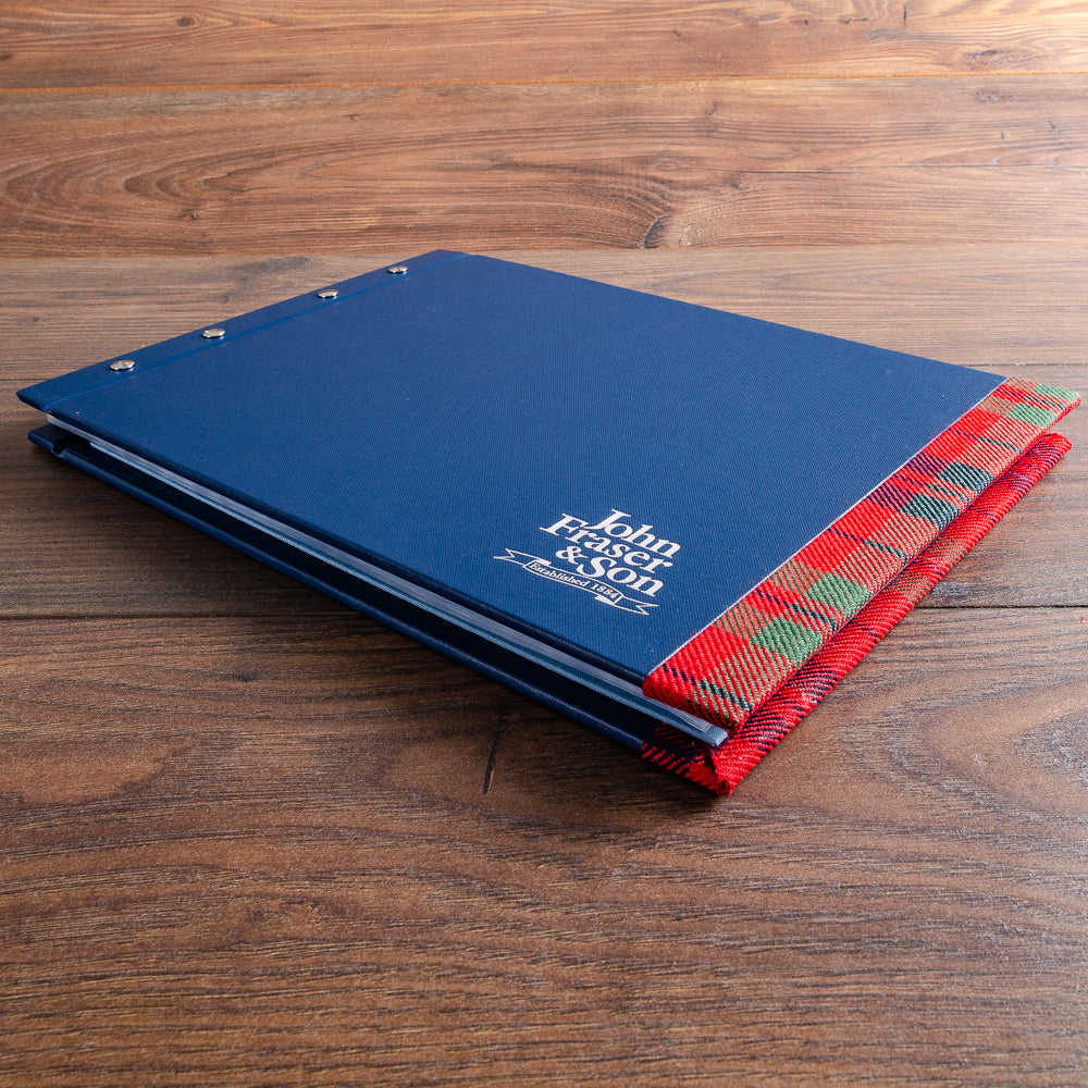 Luxury bespoke company presentation binder with custom fabric tartan stripe and silver foil personalised embossed cover - Business, Exposed Screw Post Binders, All Screw Post Binders