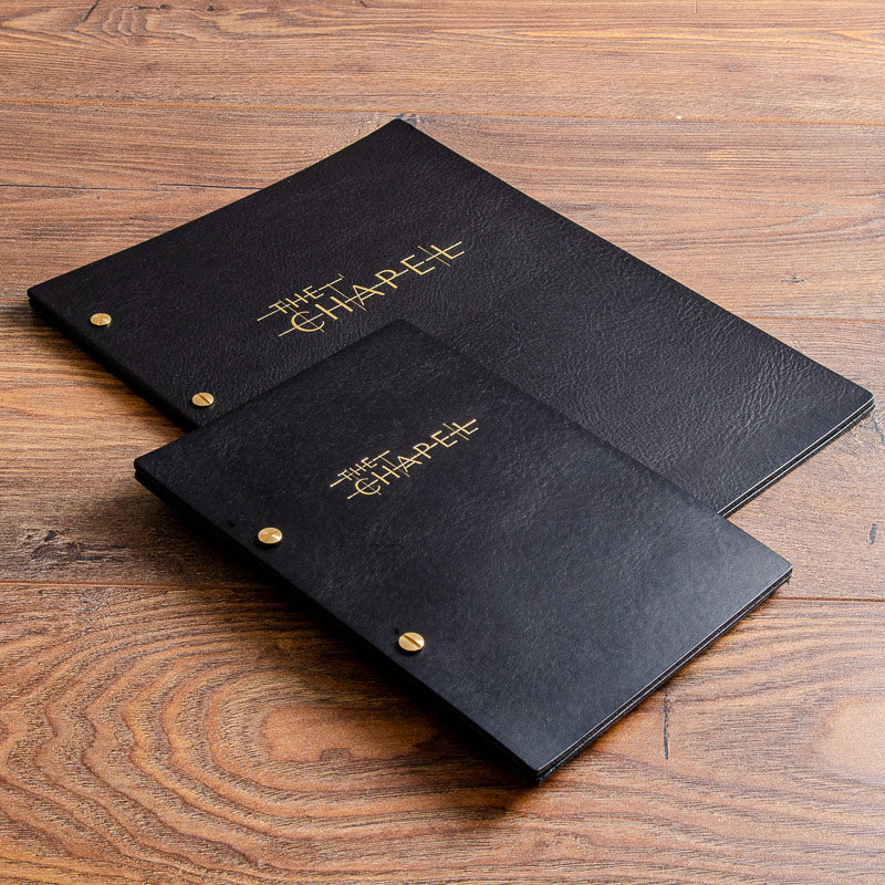 A4 and A5 black leather menu covers personalised with gold foil embossed personalisation - Hospitality, Leather Binders, Leather Exposed Screw Post Binders