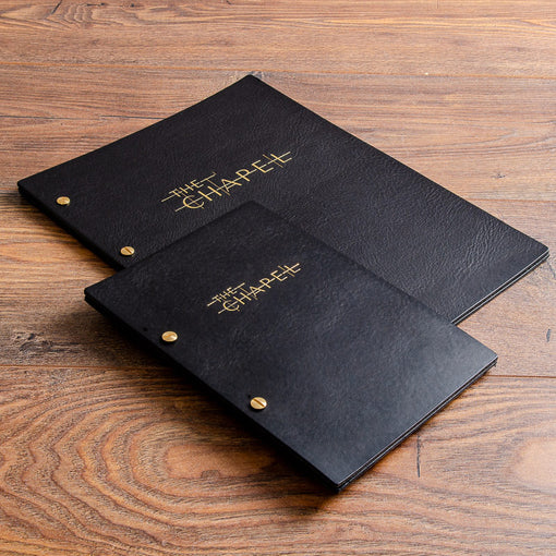 A4 and A5 black leather menu covers personalised with gold foil embossed personalisation
