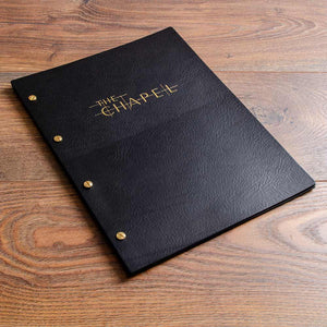 Leather Exposed Screw Post Menu binder in luxury veg tanned leather by Hartnack and Company.