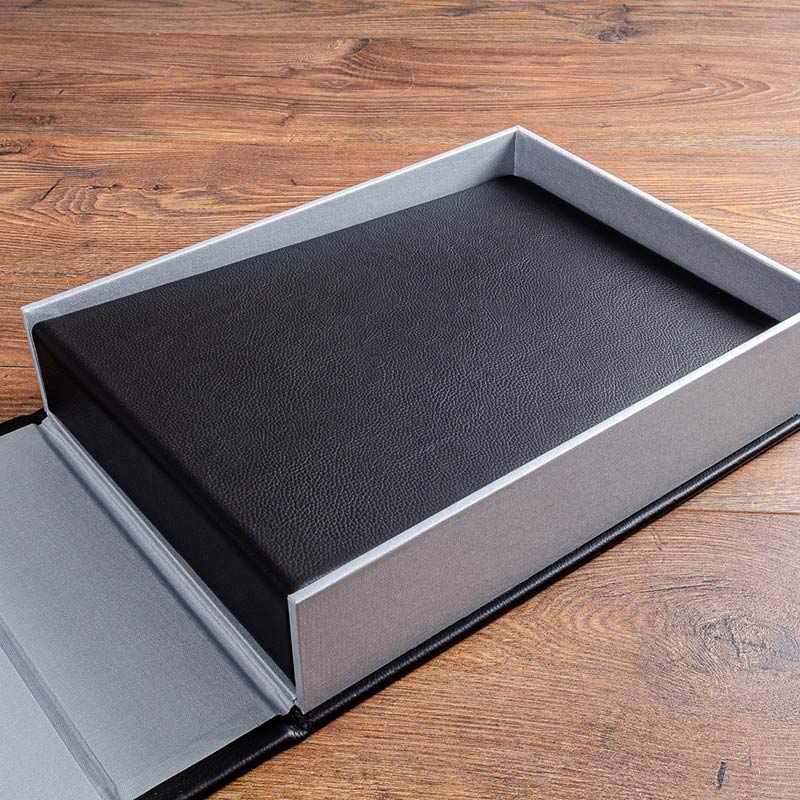 Luxury black leather guest book in clamshell box holder