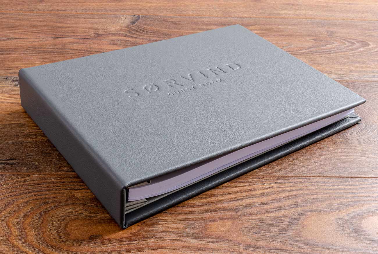 luxury grey leather guest book with personalised blind embossed cover