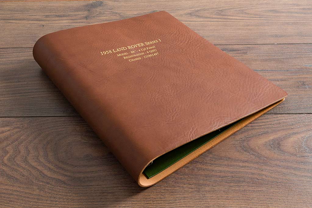 A4 Leather ring binder for car documents personalised with gold foil embossing
