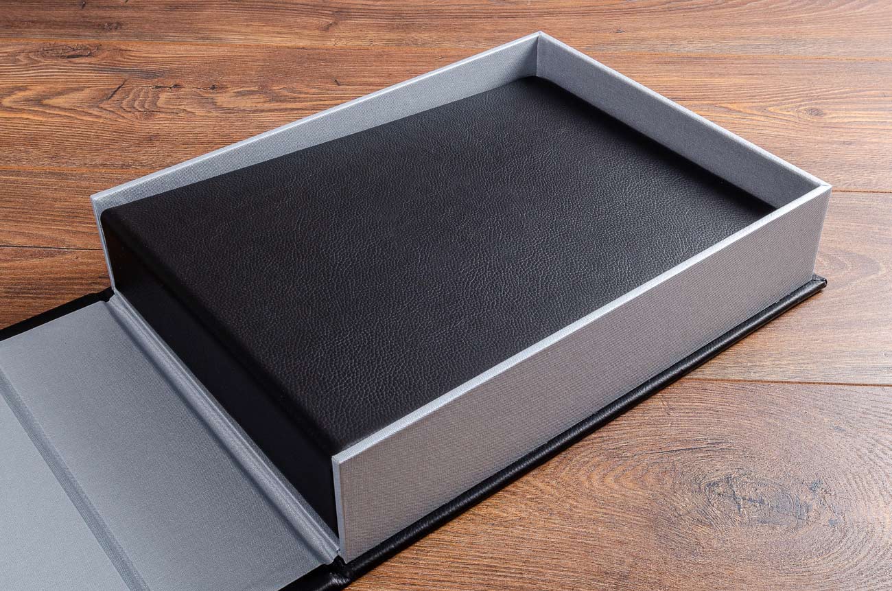 A4 black leather guest book in clamshell box presentation box