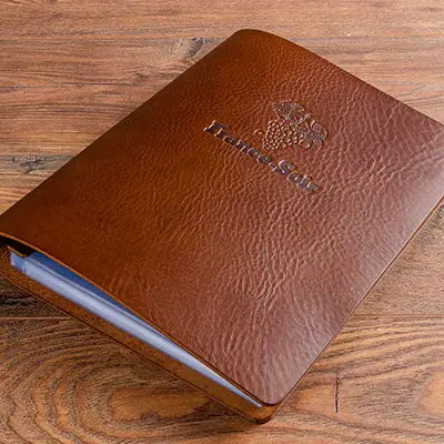 Brown genuine leather menu holder with screw post binder and blind embossed personalised cover