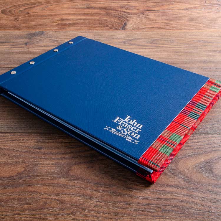 luxury custom made a4 presentation binder with silver foil embossing and tartan fabric lining