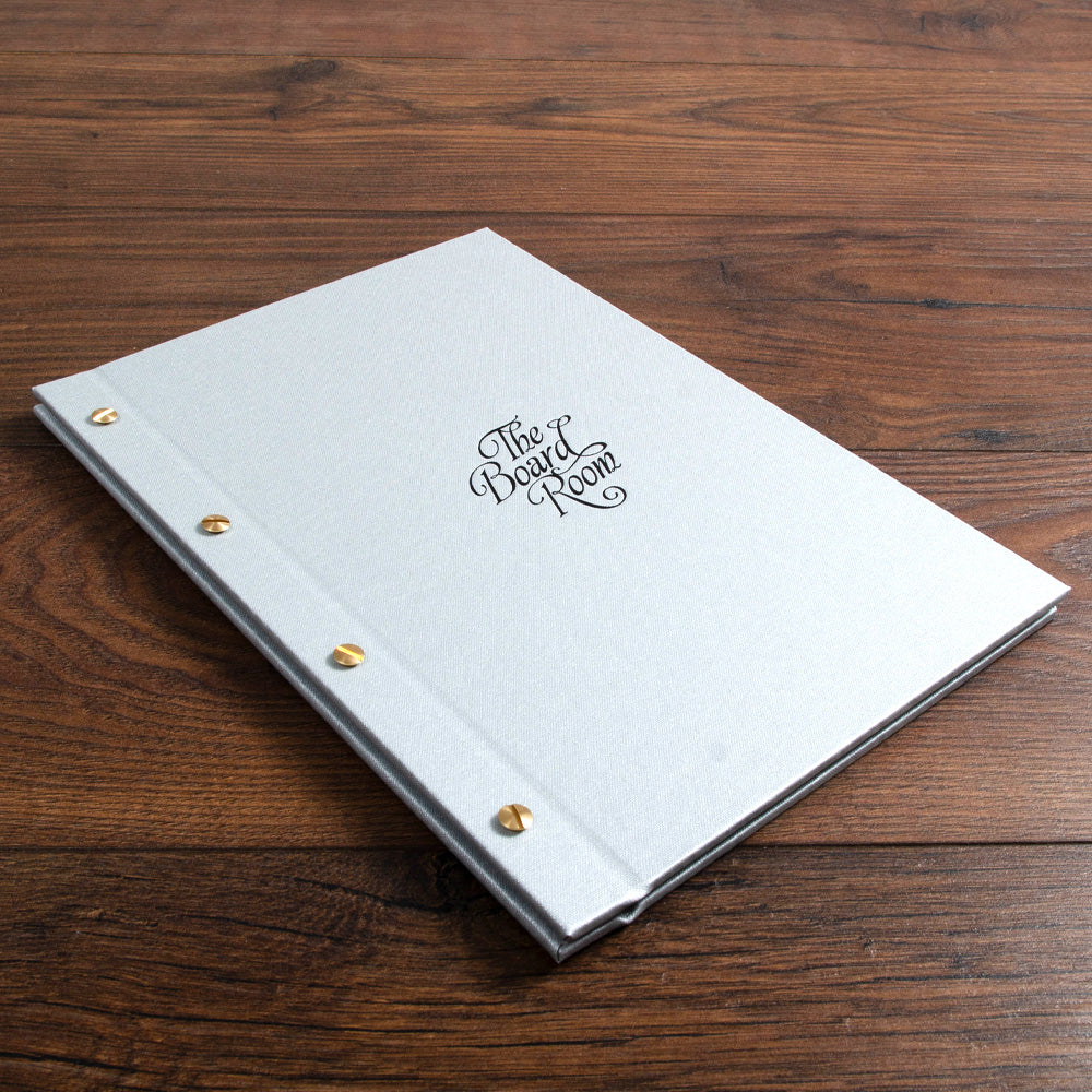 white screw post luxury menu cover with black foil personalisation by hartnack and co - Gallery image 1
