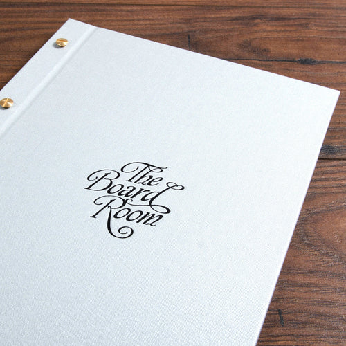 silver fabric screw post menu cover with black foil embossed cover