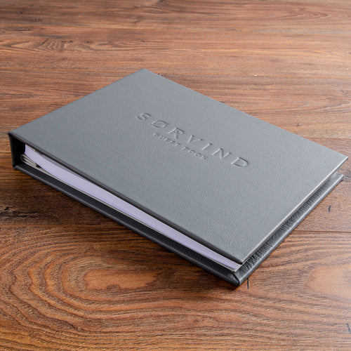 luxury custom made leather guest book with personalised blind embossed cover