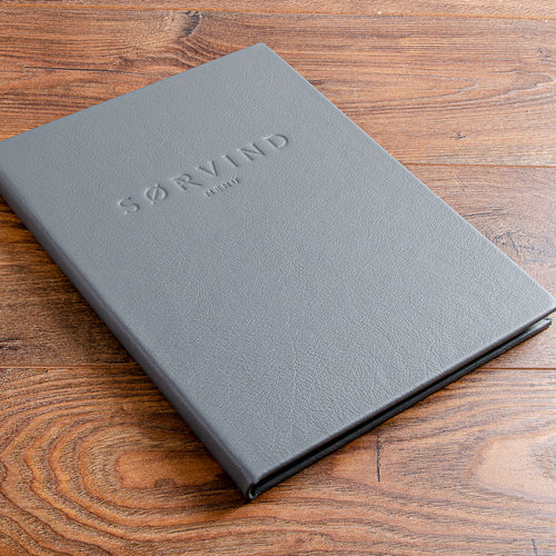 A4 luxury leather menu holder with blind embossed personalised cover