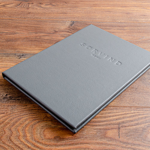 Luxury leather menu cover custom made with embossed personalised logo on cover