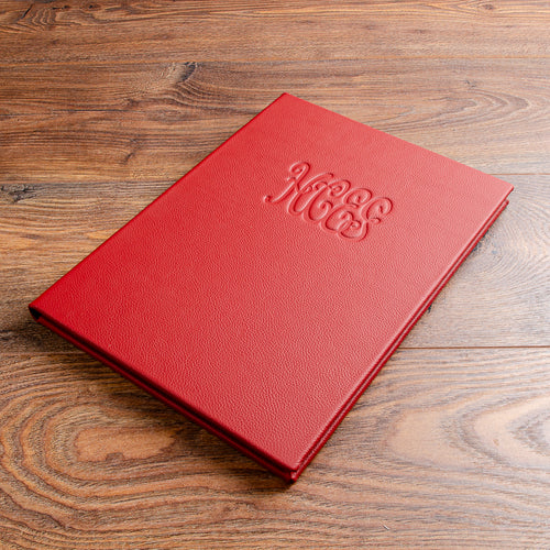 Quality luxury red leather club menu holder A4 with blind embossed logo on the cover 
